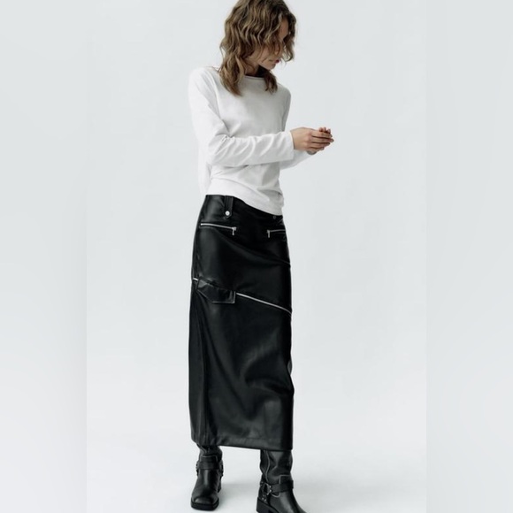Zara 2 IN 1 DETACHABLE FAUX LEATHER MIDI SKIRT. Black. Size XS. New with Tags. - Picture 8 of 12